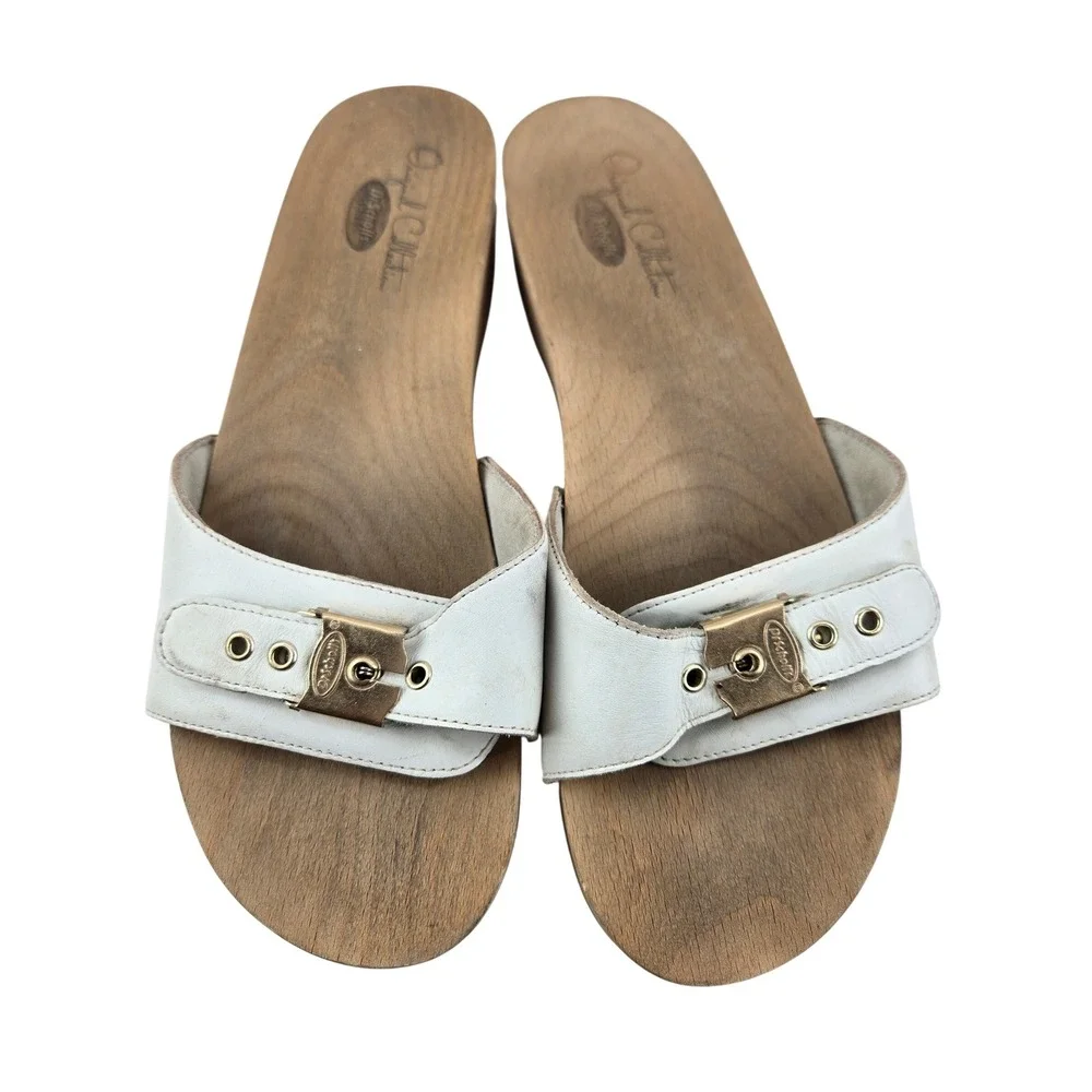 Dr. Scholls Original Collection White Leather Wood Clog Slide Sandals Womens 9M